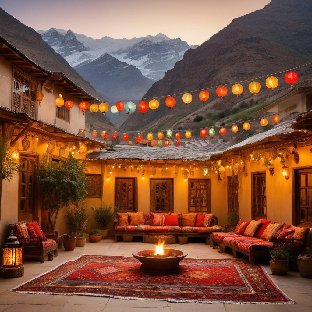 A warm and inviting Kurdish courtyard filled with vibrant traditional fabrics, intricate rugs, and laughter among diverse people sharing stories. In the background, majestic mountains symbolize strength and resilience, with soft sunlight casting a golden hue. Colorful lanterns hang from above, creating a sense of intimacy and connection. super-realistic. vibrant colors. soft lighting.