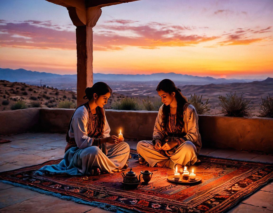 A serene Kurdish landscape at sunset, featuring a couple sitting on a traditional woven rug, sharing an intimate moment with candles and traditional Kurdish tea set around them. Soft pastel colors illuminating the sky, with intricate patterns in the rug and pottery reflecting Kurdish culture. Focus on their warm expressions, symbolizing love and connection. ethereal lighting. super-realistic. vibrant colors.