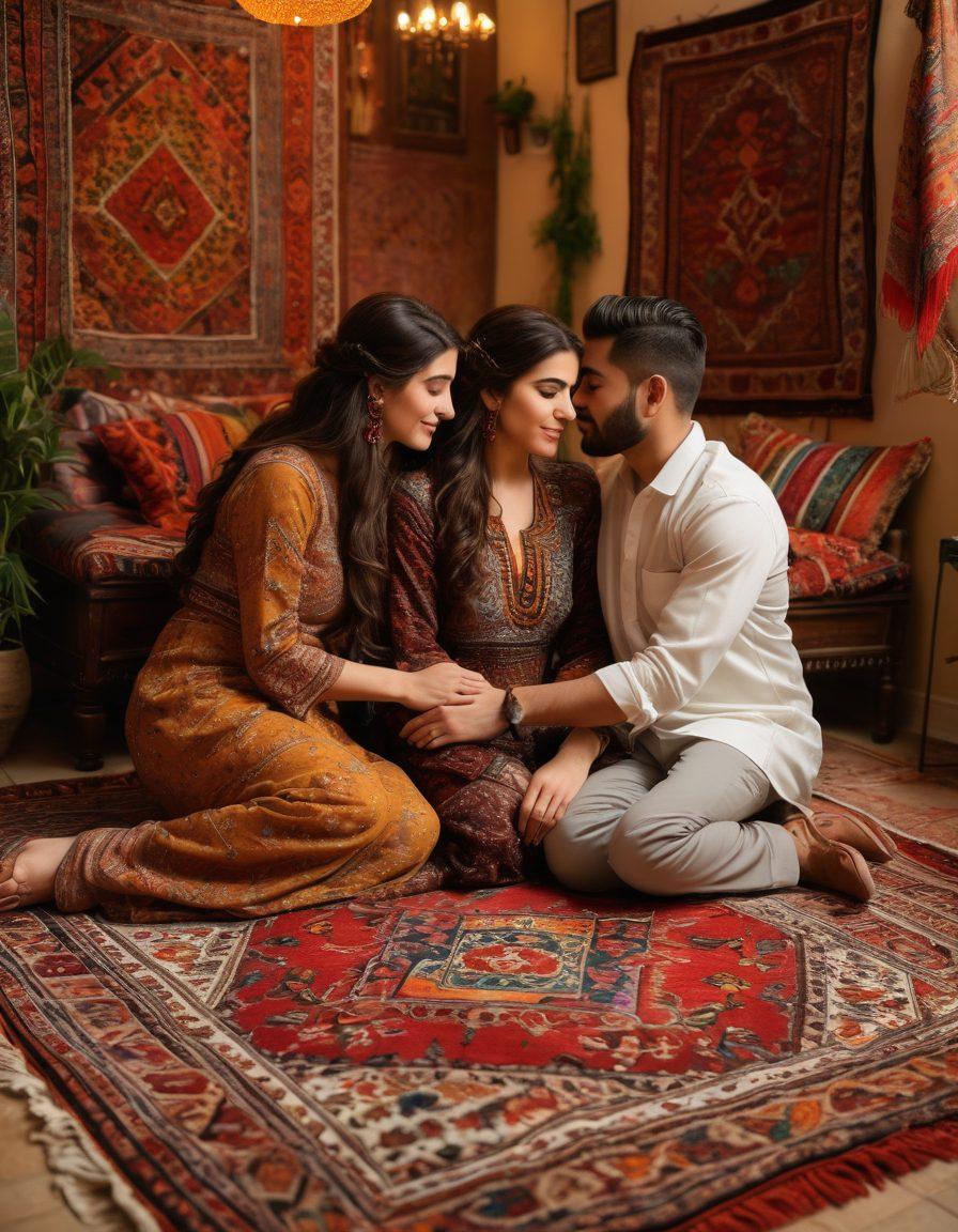 A vibrant and intimate scene depicting a diverse group of Kurdish couples engaging in passionate moments together, surrounded by traditional Kurdish decor like colorful rugs and intricate patterns. The focus is on emotional connection and empowerment, with warm lighting creating a cozy atmosphere. Include elements of nature, like blooming flowers and greenery, symbolizing growth and love. super-realistic. vibrant colors. warm tones.